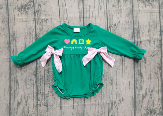 NO MOQ preorder LR2839  St. Patrick's Day Love Rainbow Four-Leaf Clover Pink Bows Dark Green Long-Sleeved Girls Bubble Romper 202511