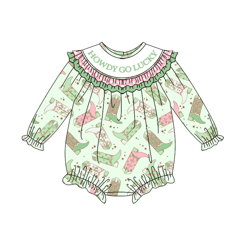 MOQ 5 preorder LR2840 Howdy Go Lucky Boots Polka Dot Green Ruffle Long-Sleeved Girls Bubble Romper 202510