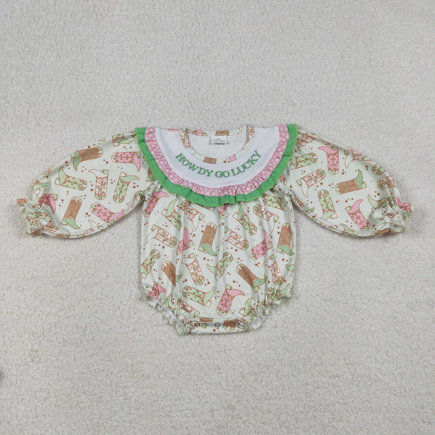 LR2840 Embroidered Howdy Go Lucky Boots Polka Dot Green Ruffle Long-Sleeved Girls Bubble Romper 202512 RTS