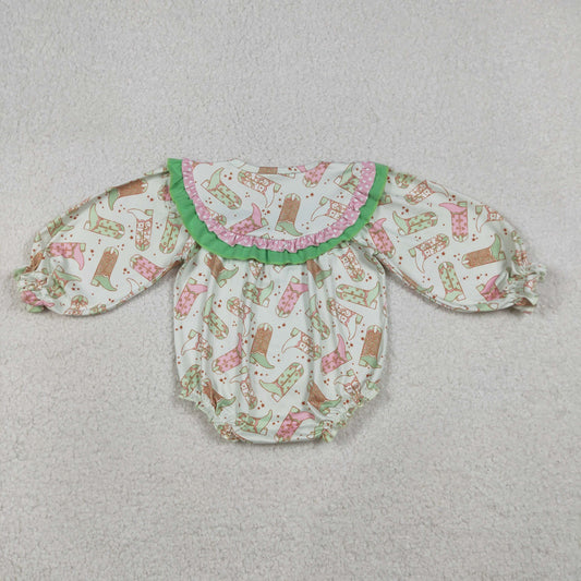 LR2840 Embroidered Howdy Go Lucky Boots Polka Dot Green Ruffle Long-Sleeved Girls Bubble Romper 202512 RTS
