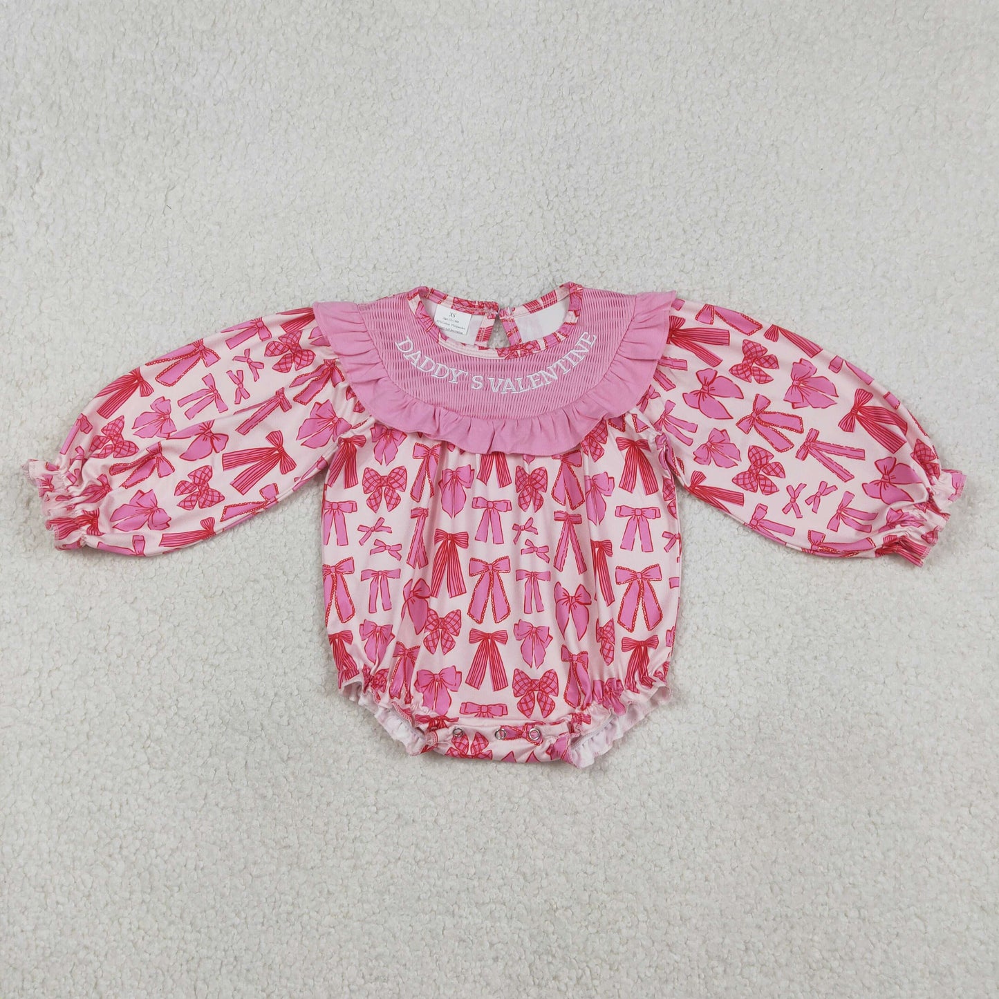 LR2842 Smocked Valentines Day Bows Rose Red Ruffle Long-Sleeved Girls Bubble Romper 202512 RTS