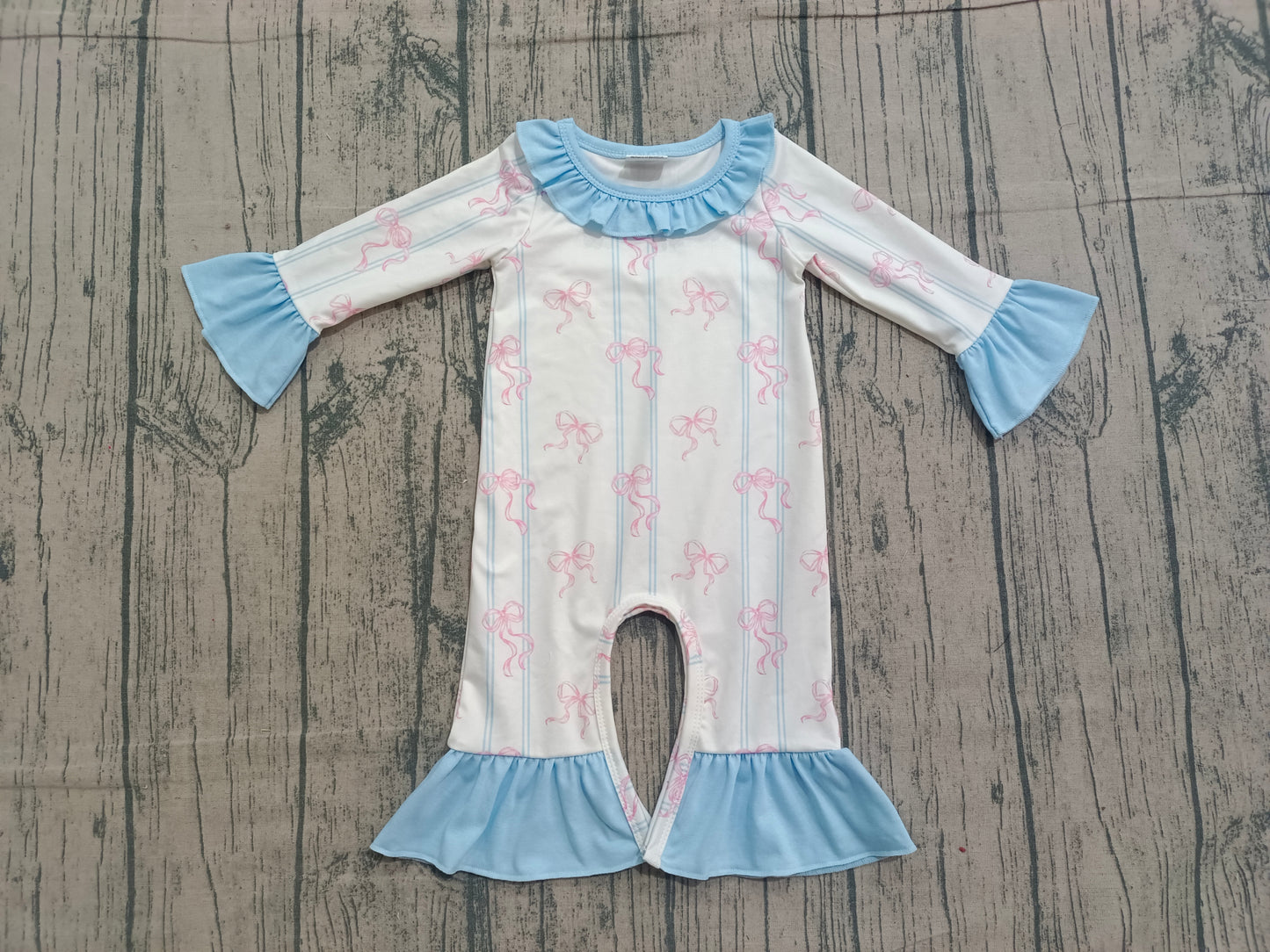 MOQ 5 preorder LR2845 Pink Bows Blue Ruffle Long-Sleeved Girls Romper 202510