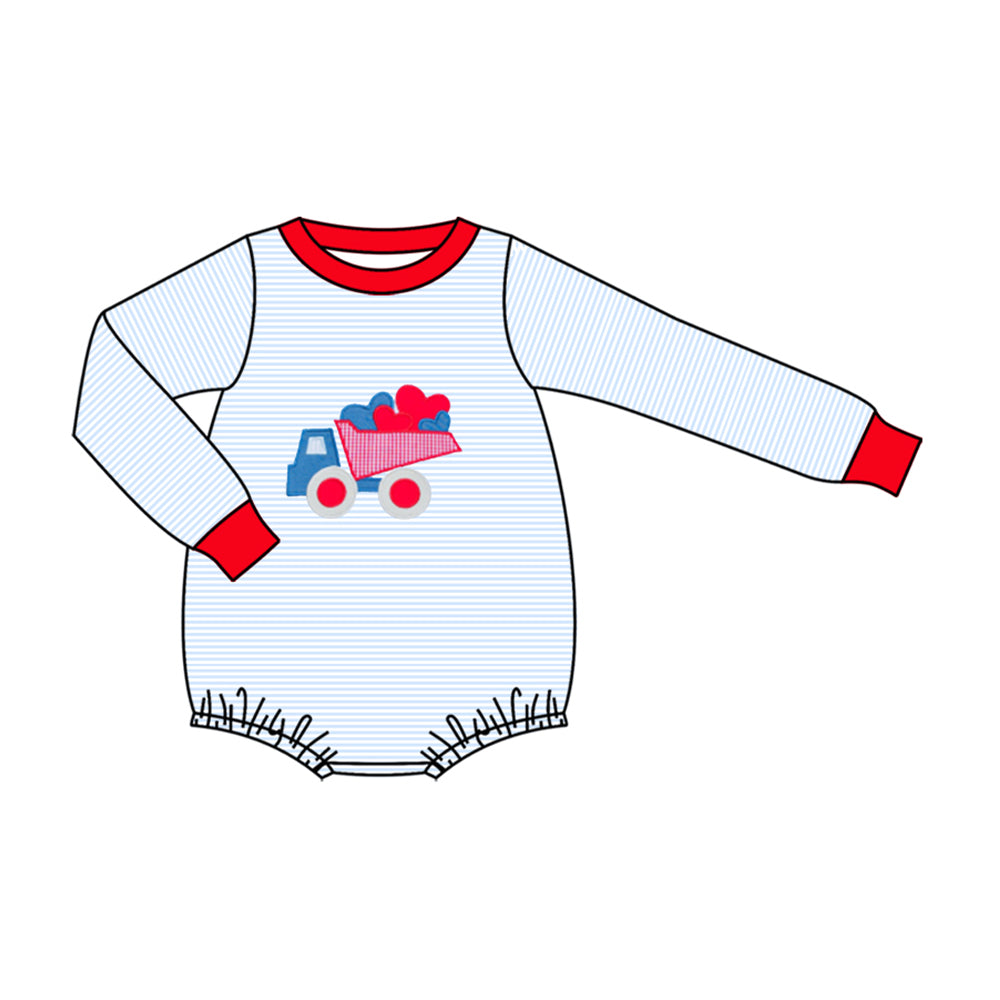 MOQ 5 preorder LR2847 Valentines Day Love Blue Stripe Long-Sleeved Boys Bubble Romper 202510