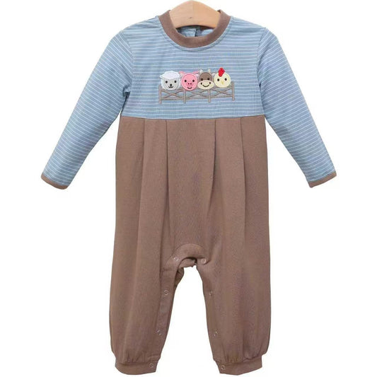 MOQ 5 preorder LR2850 Farm Animals Blue Stripe Long-Sleeved Brown Boys Romper 202510