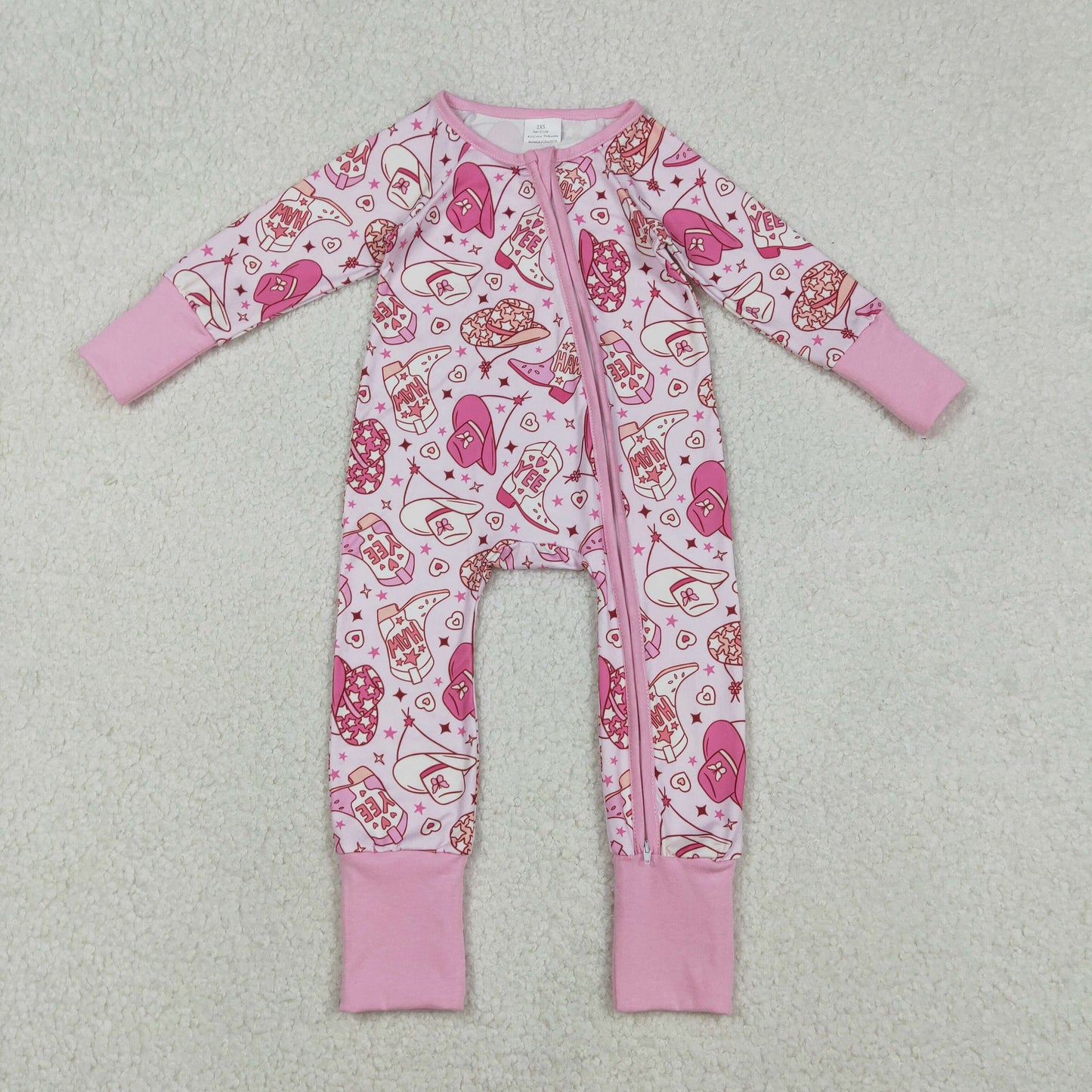 LR2855 Yeehaw Cowgirl Hat Boots Star Pink Zipper Long-Sleeved Girls Romper 202512 RTS