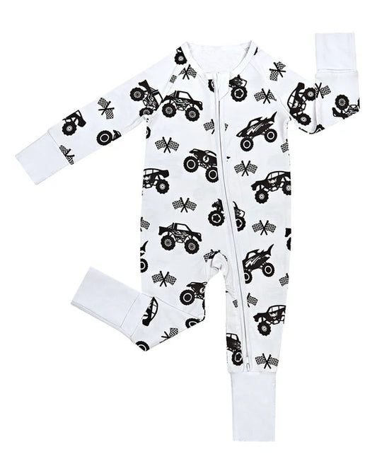 MOQ 5 preorder LR2856 Off-Road Racing Flag White Zipper Long-Sleeved Boys Romper 202510