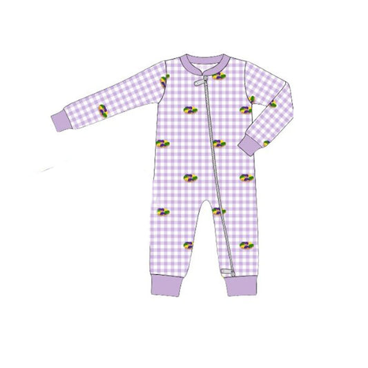 MOQ 5 preorder LR2866 Mardi Gras Donut Purple Plaid Zipper Long-Sleeved Boys Romper 202510 Sibling
