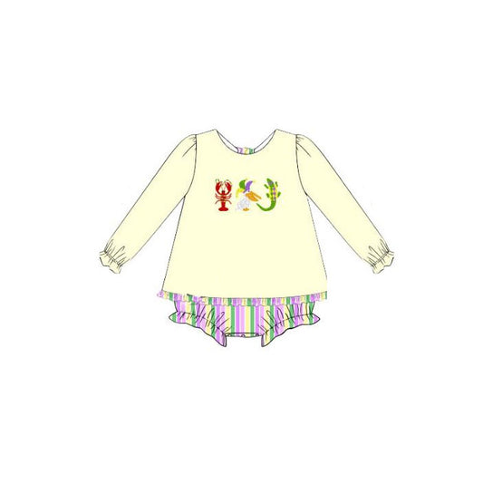 MOQ 5 preorder LR2869 Mardi Gras Crayfish Pelican Crocodile Colored Ruffle Beige Long-Sleeved Boys Bubble Romper 202510 Sibling
