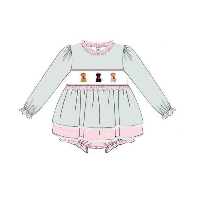 MOQ 5 PCS preorder LR2872 Valentines Day Love Puppy Pink Ruffle Long-Sleeved Girls Bubble Romper 202511