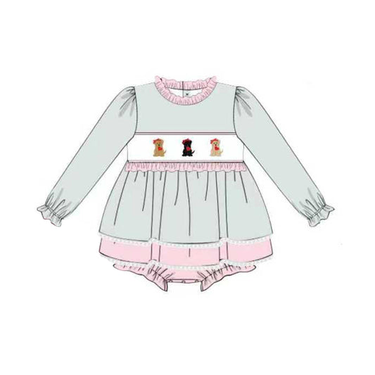 MOQ 5 PCS preorder LR2872 Valentines Day Love Puppy Pink Ruffle Long-Sleeved Girls Bubble Romper 202511