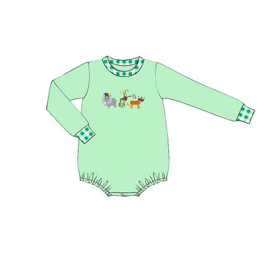 MOQ 5 PCS preorder LR2876 Elephant Monkey Animal Plaid Green Long-Sleeved Boys Bubble Romper 202511