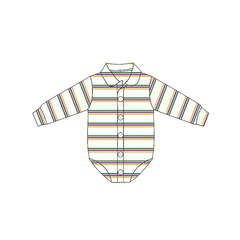 MOQ 5 PCS preorder LR2880 Mardi Gras Stripe Polo Buttons Long-Sleeved Boys Bubble Romper 202511