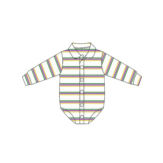 MOQ 5 PCS preorder LR2880 Mardi Gras Stripe Polo Buttons Long-Sleeved Boys Bubble Romper 202511