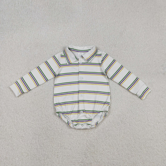 LR2880 Mardi Gras Stripe Polo Buttons Long-Sleeved Boys Bubble Romper 202512 RTS