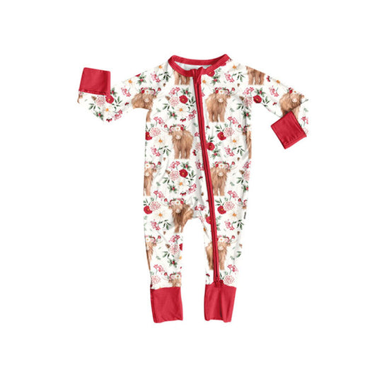 MOQ 5 PCS preorder LR2881 Hiighland Cow Flower Red Zip Long-Sleeved Girls Romper 202511