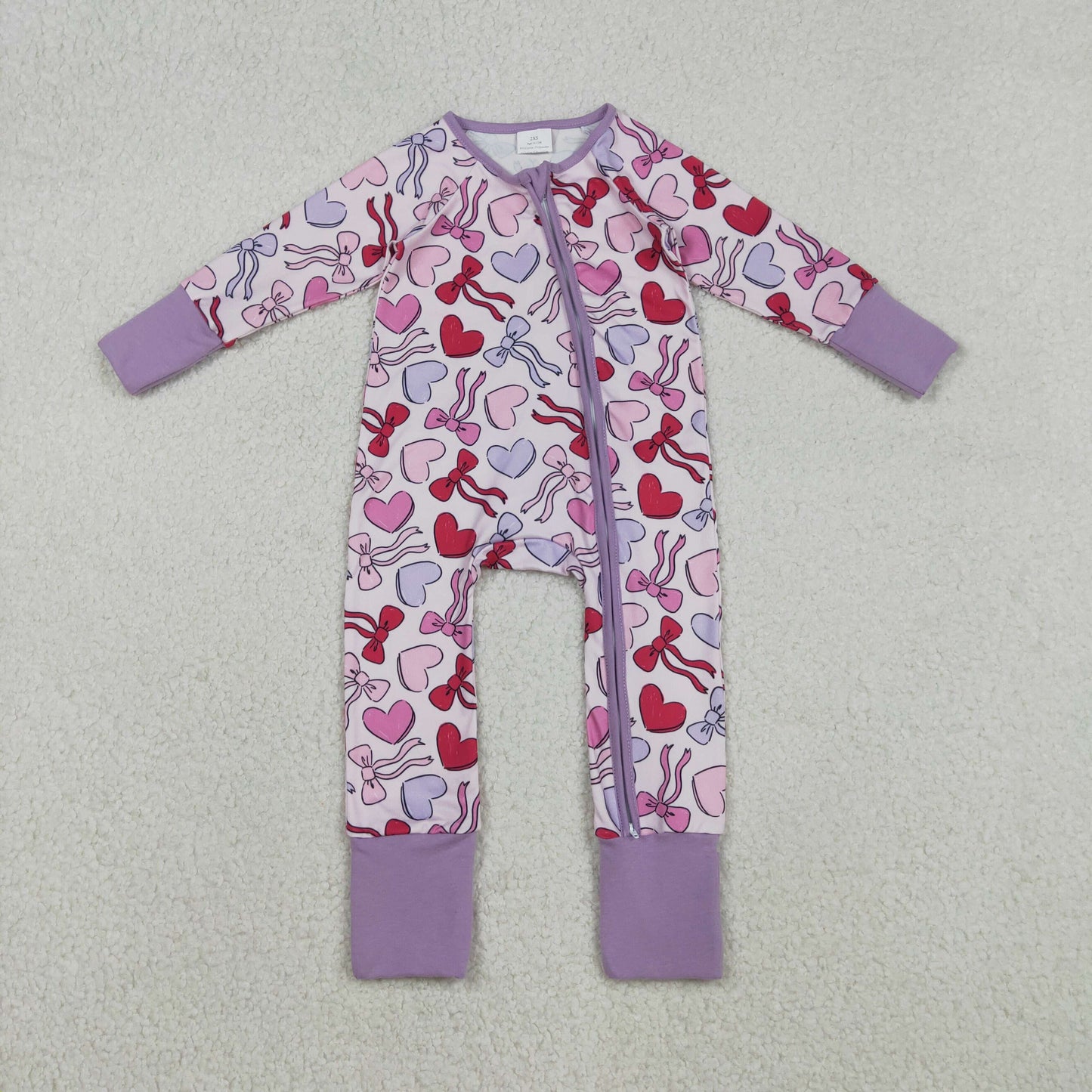 LR2883 Valentines Day Love Bows Purple Zip Long-Sleeved Girls Romper 202512 RTS