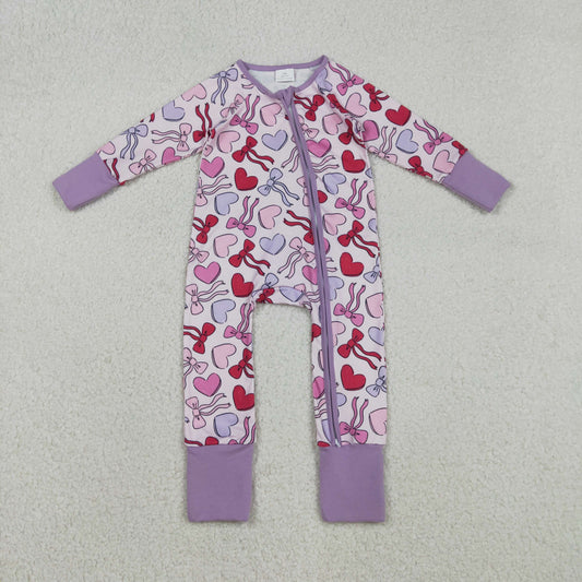 LR2883 Valentines Day Love Bows Purple Zip Long-Sleeved Girls Romper 202512 RTS