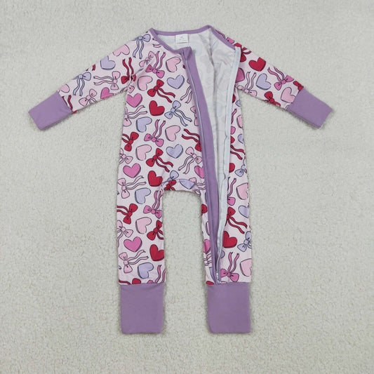LR2883 Valentines Day Love Bows Purple Zip Long-Sleeved Girls Romper 202512 RTS