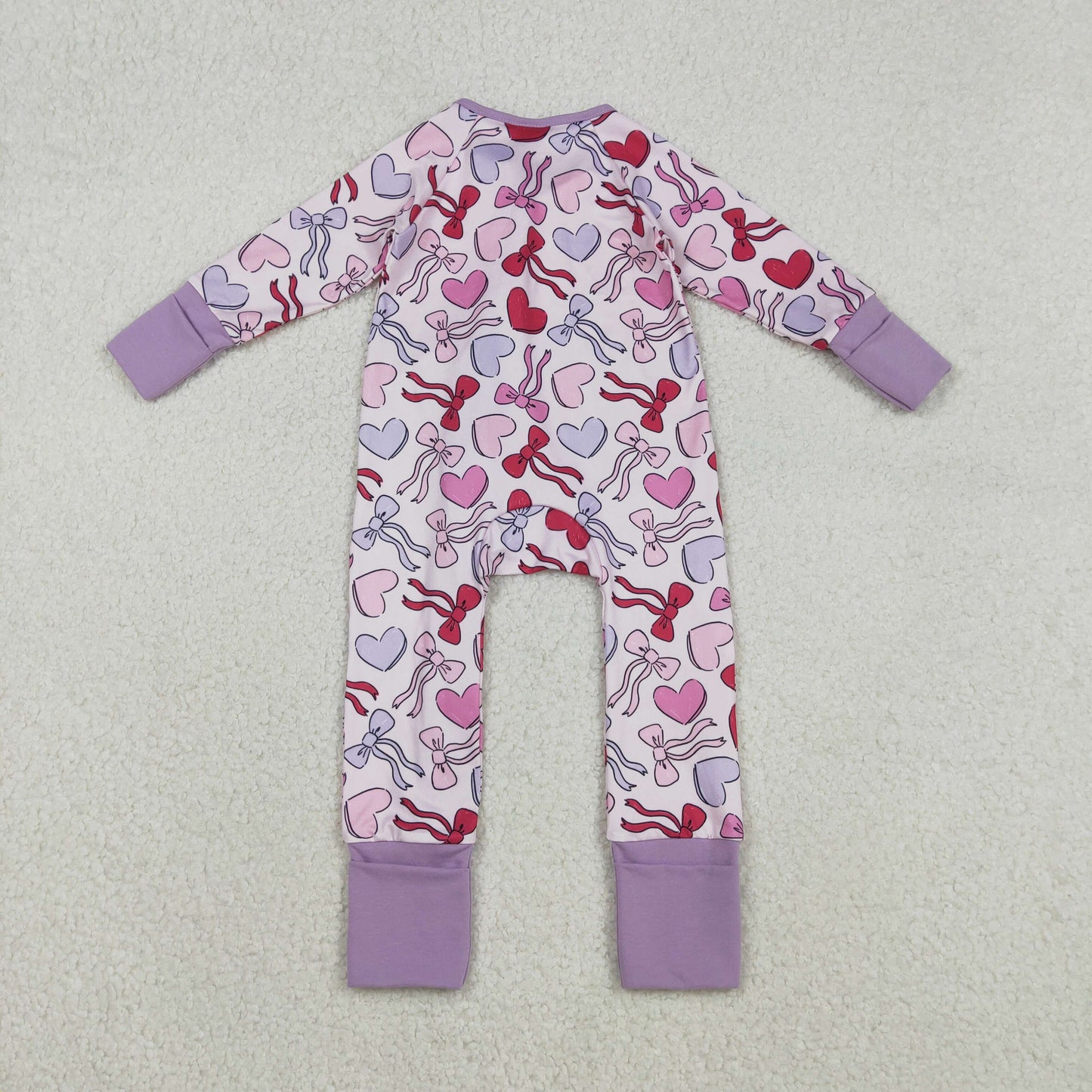 LR2883 Valentines Day Love Bows Purple Zip Long-Sleeved Girls Romper 202512 RTS
