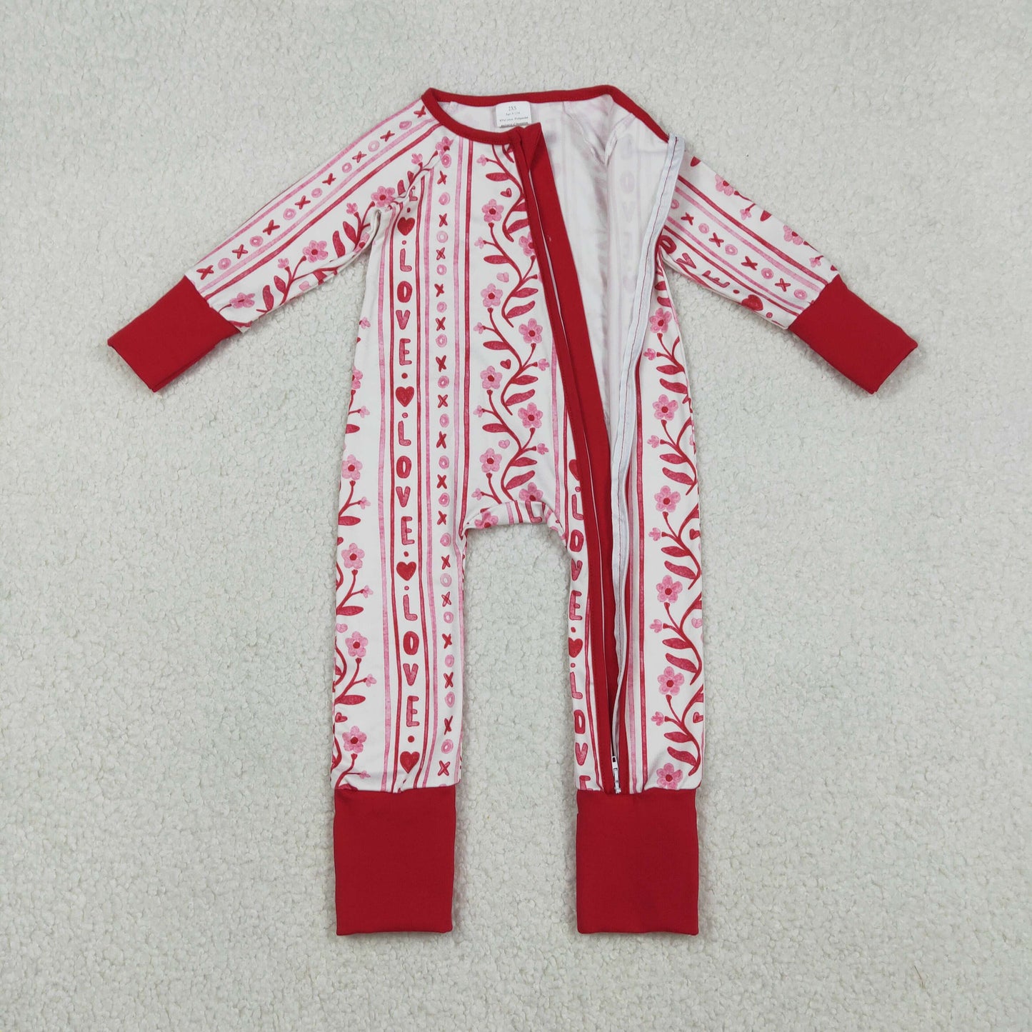 LR2884 Valentines Day XO Love Flower Red Zip Long-Sleeved Girls Romper 202512 RTS