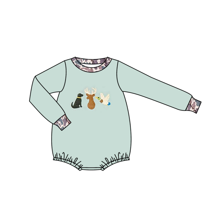 MOQ 5 PCS preorder LR2889 Puppy Duck Deer Camouflage Light Blue Green Long-Sleeved Boys Bubble Romper 202511