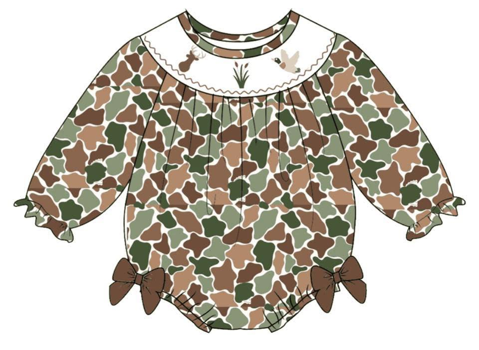 MOQ 5 PCS preorder LR2897 Deer Duck Hunting Bows Camouflage Long-Sleeved Girls Bubble Romper 202511