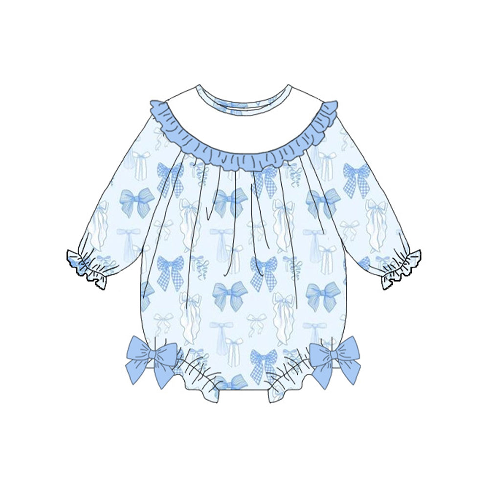 MOQ 5 PCS preorder LR2900 Valentines Day Bows Blue Ruffle Collar Long-Sleeved Girls Bubble Romper 202511