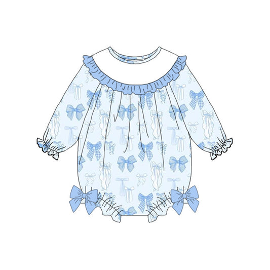 MOQ 5 PCS preorder LR2900 Valentines Day Bows Blue Ruffle Collar Long-Sleeved Girls Bubble Romper 202511