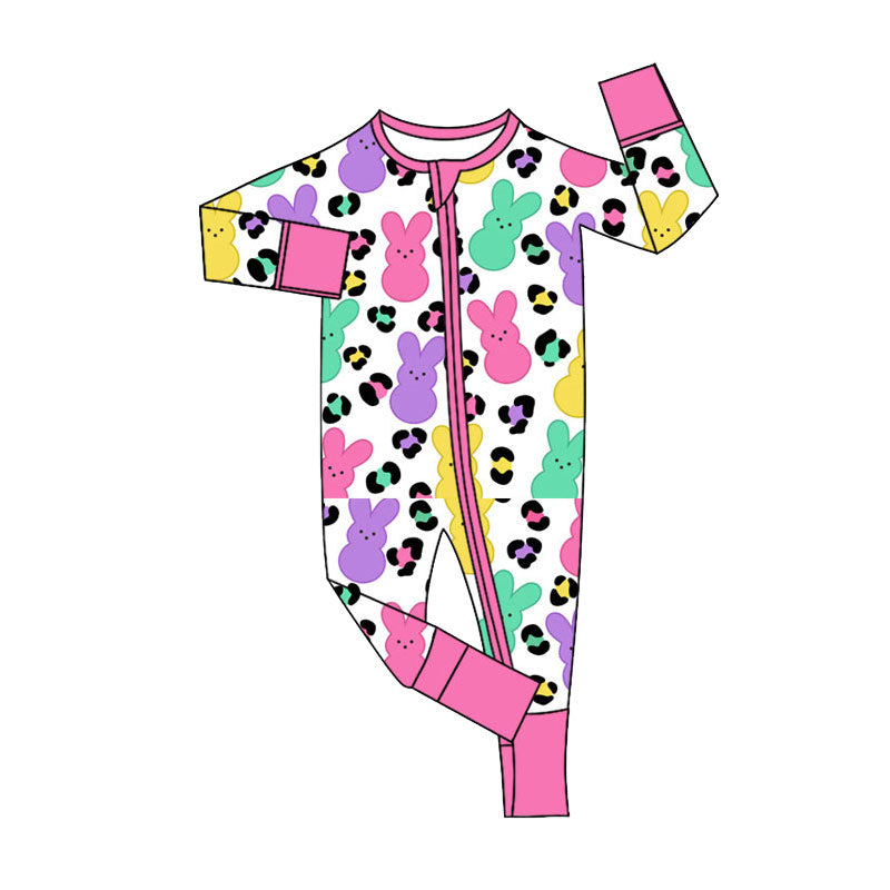 MOQ 5 PCS preorder LR2903 Easter Colored Bunny Leopard Zip Long-Sleeved Girls Romper 202511
