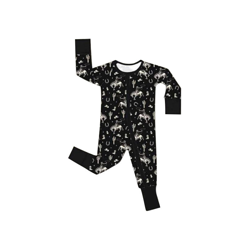 MOQ 5 PCS preorder LR2915 Highland Cow Cactus Black Zip Long-Sleeved Girls Romper 202511