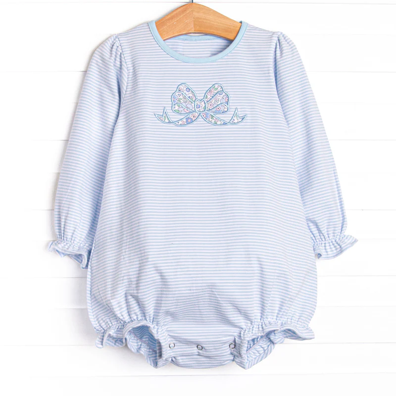MOQ 5 PCS preorder LR2917 Flower Bow Blue Stripe Long-Sleeved Girls Bubble Romper 202511