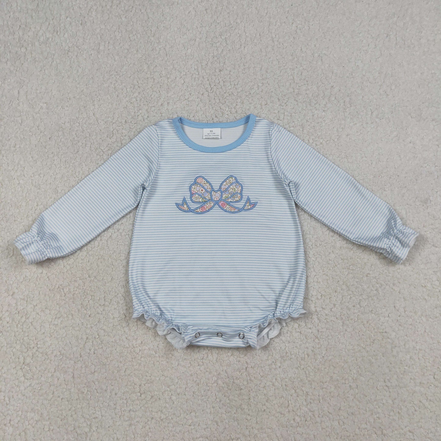 LR2917 Embroidered Flower Bow Blue Stripe Long-Sleeved Girls Bubble Romper 202603 RTS