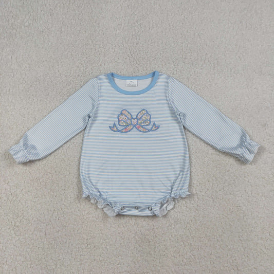 LR2917 Embroidered Flower Bow Blue Stripe Long-Sleeved Girls Bubble Romper 202603 RTS