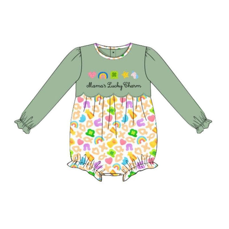 MOQ 5 PCS preorder LR2929 Mama's Little Charm Rainbow Four-Leaf Clover Green Long-Sleeved Girls Bubble Romper 202511 Sibling