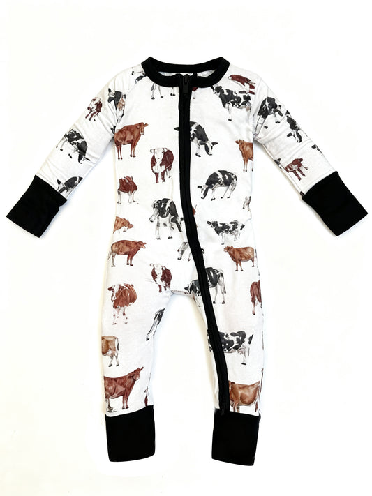 MOQ 5 PCS preorder LR2930 Cow Black White Zip Long-Sleeved Boys Romper 202511
