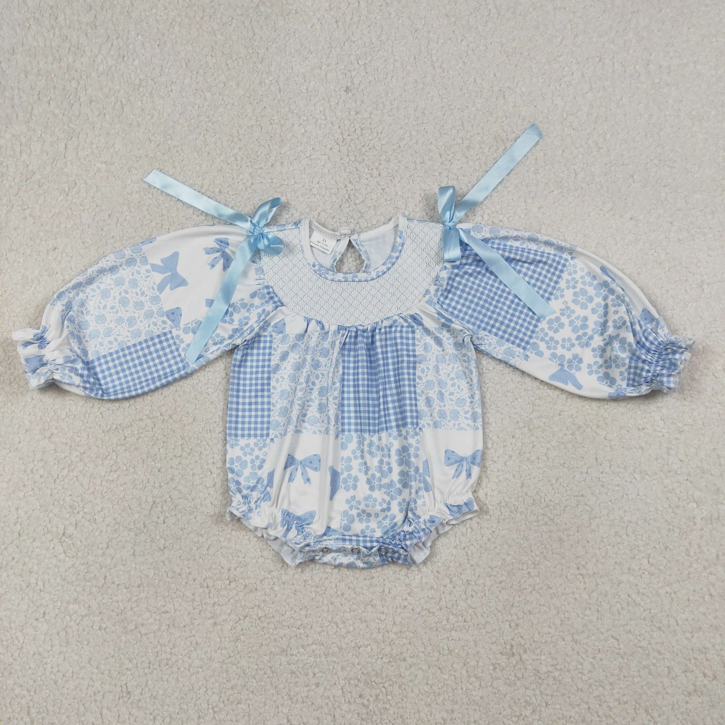 LR2931 Smocked Bows Flower Plaid Blue Long-Sleeved Girls Bubble Romper 202603 RTS
