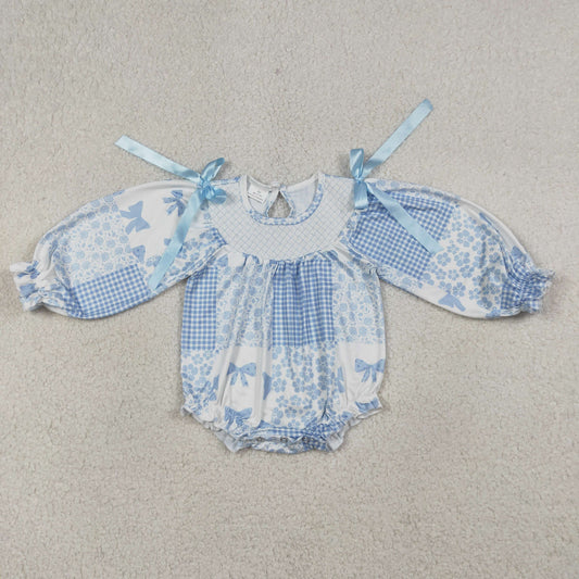 LR2931 Smocked Bows Flower Plaid Blue Long-Sleeved Girls Bubble Romper 202603 RTS