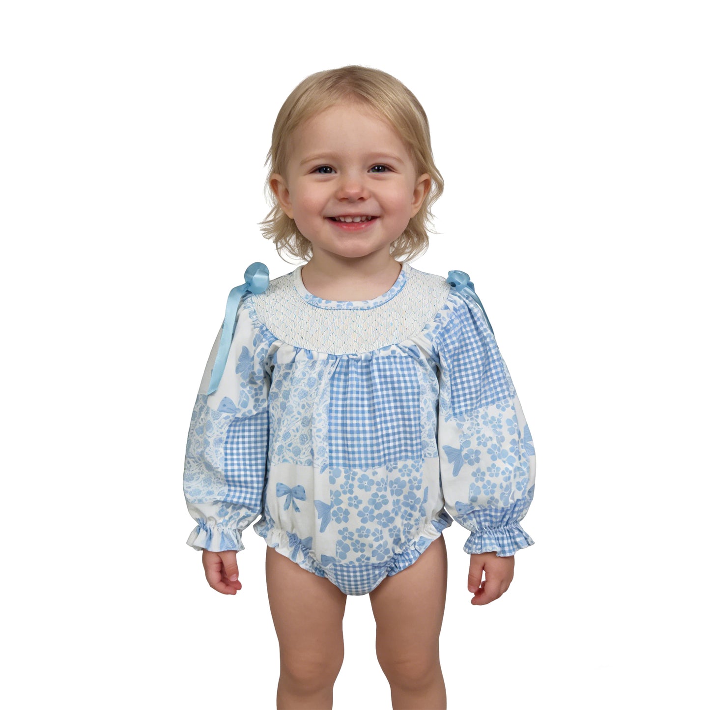 LR2931 Smocked Bows Flower Plaid Blue Long-Sleeved Girls Bubble Romper 202603 RTS