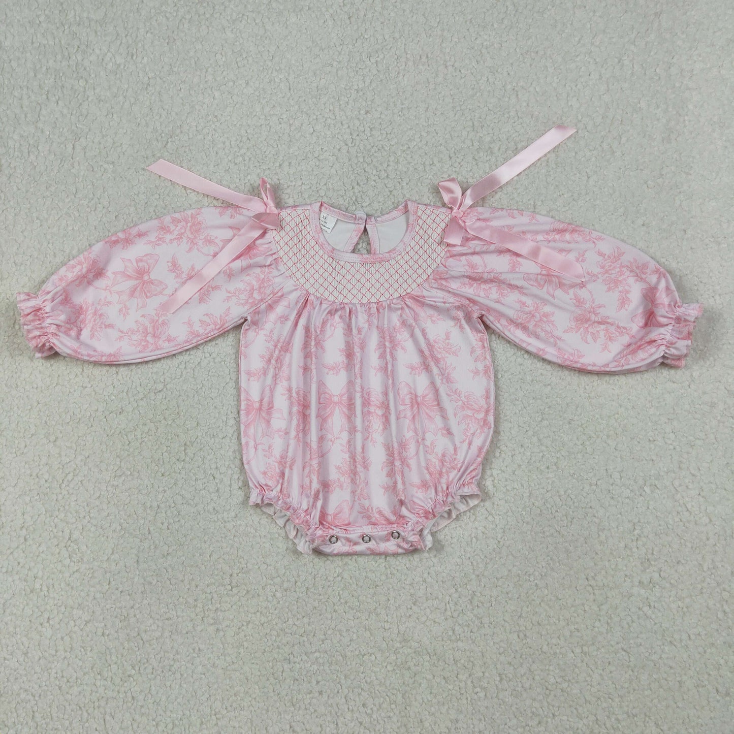 LR2932 Smocked Bows Flower Pink Long-Sleeved Girls Bubble Romper 202604 RTS