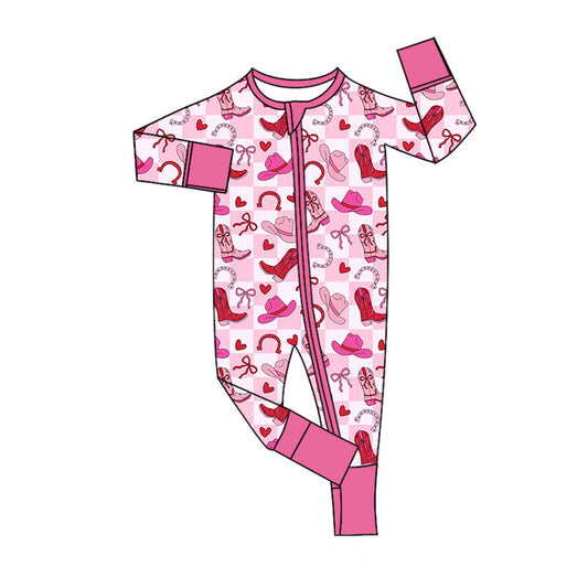 MOQ 5 PCS preorder LR2936 Cowgirl Hat Boots Love Plaid Rose Red Zip Long-Sleeved Girls Romper 202511