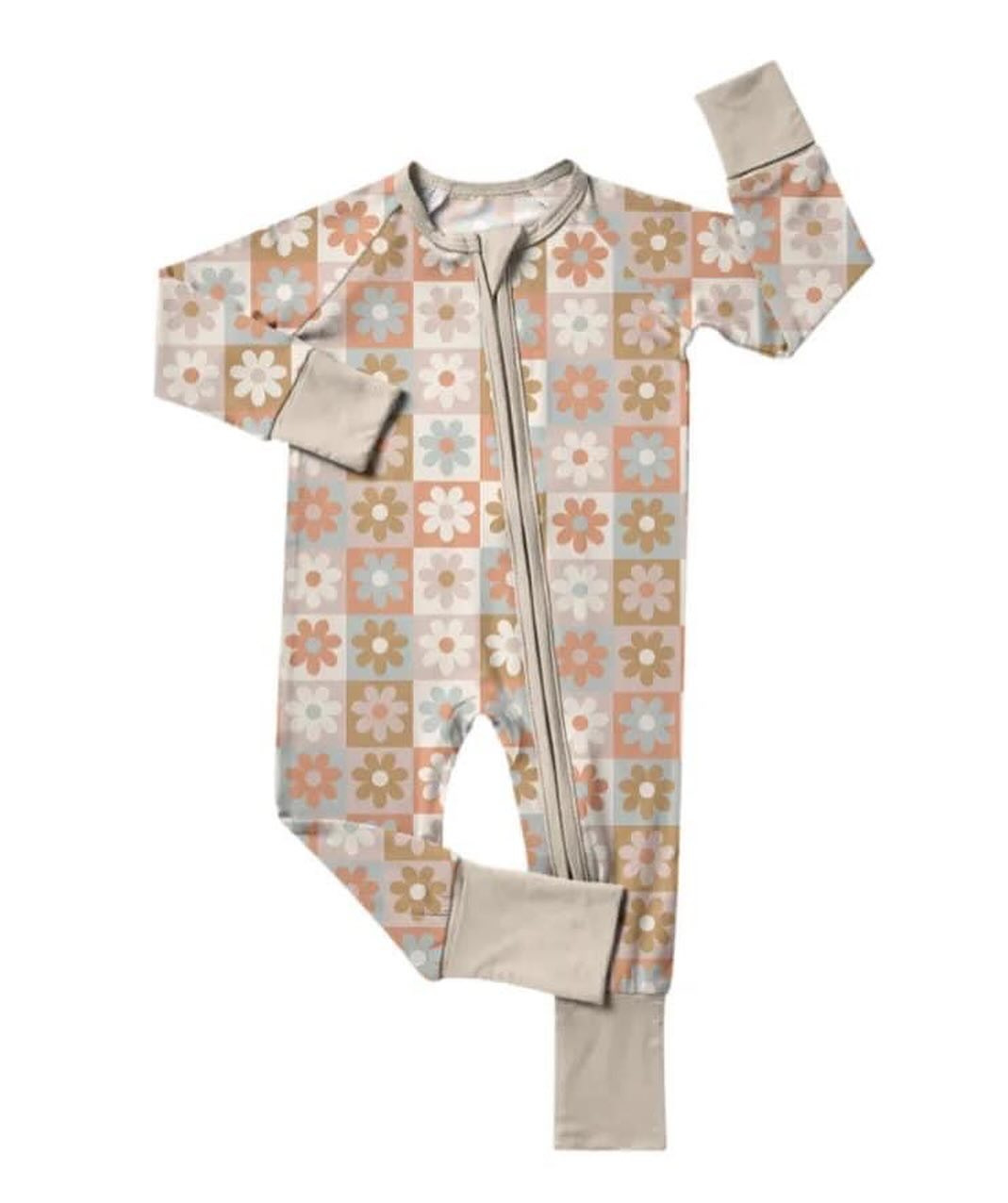 MOQ 5 PCS preorder LR2941 Flower Plaid Beige Brown Zip Long-Sleeved Girls Romper 202511