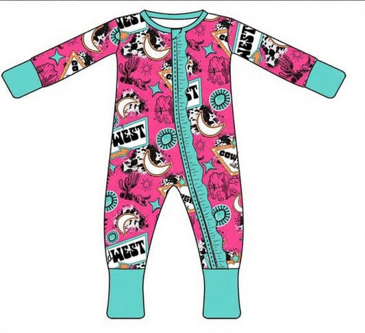 MOQ 5 PCS preorder LR2943 Cowgirl Gemstone Cactus Blue Green Ruffle Zip Long-Sleeved Girls Romper 202511