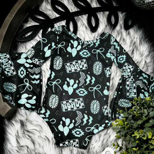 MOQ 5 PCS preorder LR2946 Howdy Flashlight Gem Bow  Black Flare Long-Sleeved Girls Bubble Romper 202511