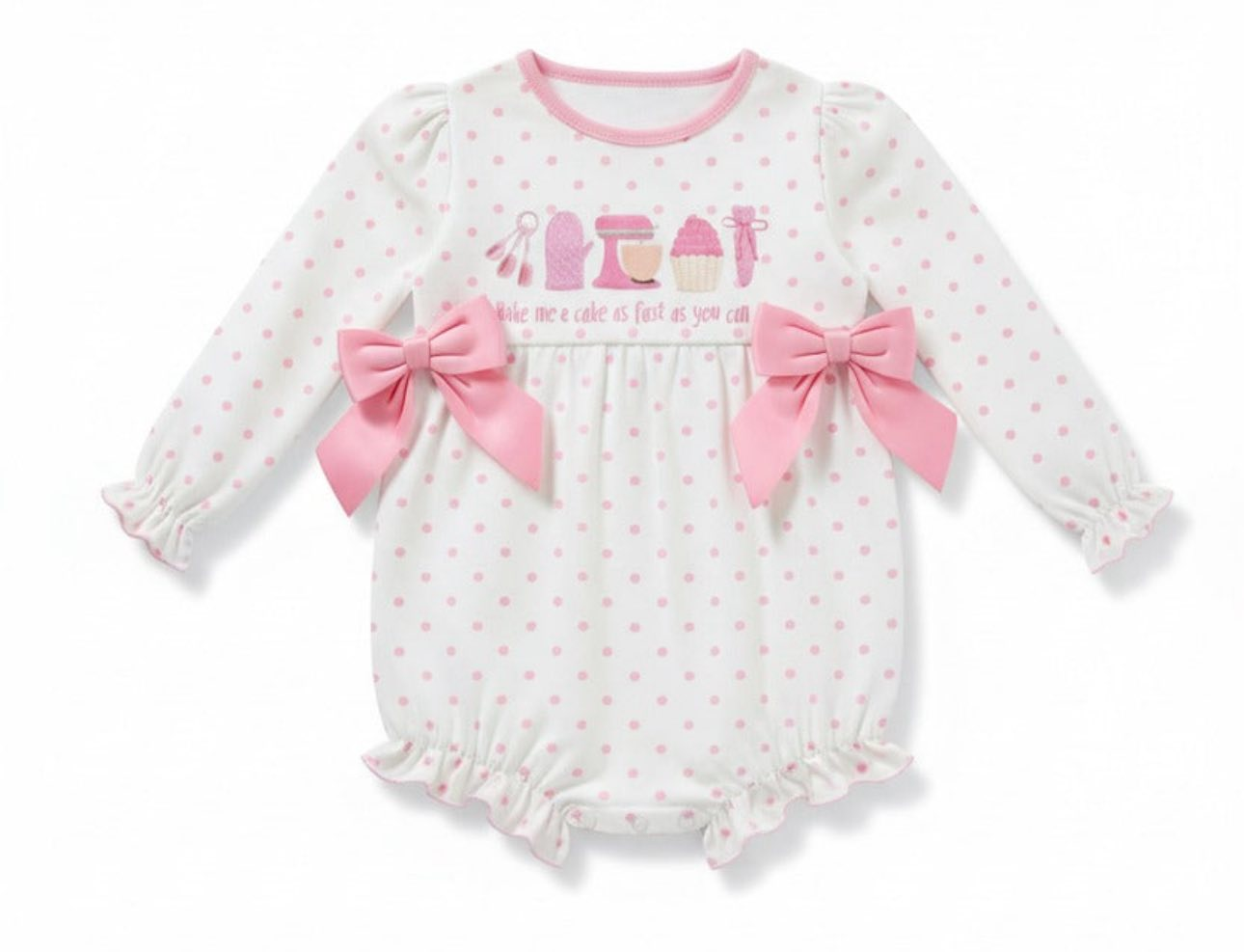 MOQ 5 PCS preorder LR2947 Cake Dots Pink Bows White Long-Sleeved Girls Bubble Romper 202511