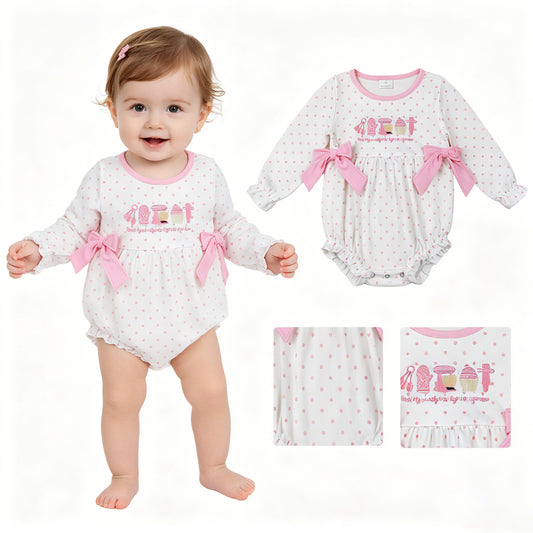 LR2947 Embroidered Cake Dots Pink Bows White Long-Sleeved Girls Bubble Romper 202605 RTS