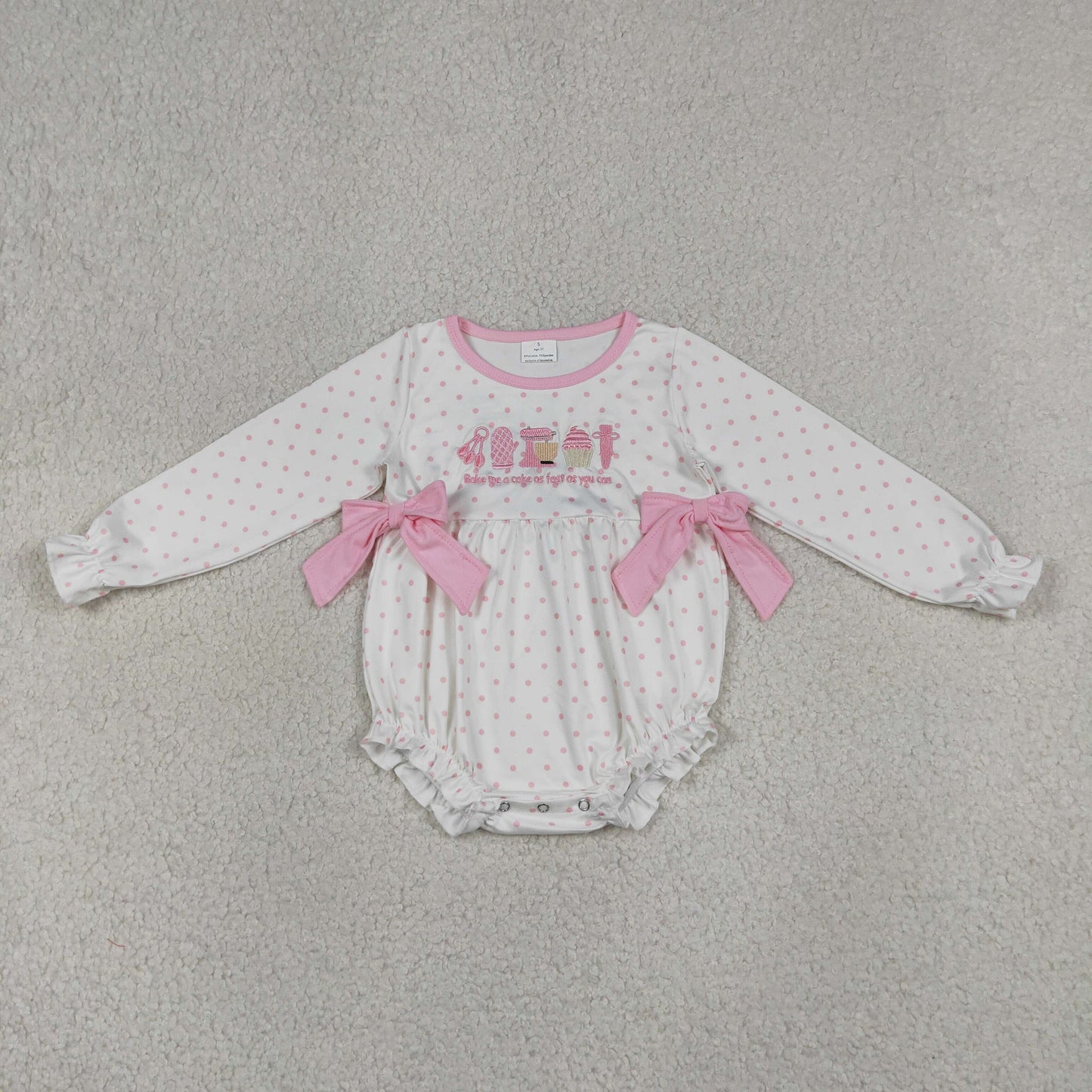 LR2947 Embroidered Cake Dots Pink Bows White Long-Sleeved Girls Bubble Romper 202605 RTS