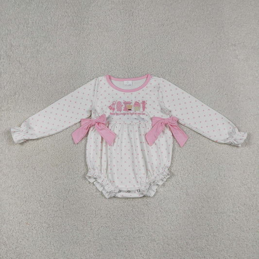 LR2947 Embroidered Cake Dots Pink Bows White Long-Sleeved Girls Bubble Romper 202605 RTS