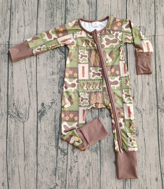 NO MOQ preorder LR2949 Duck Hunting Gray Green Brown Zip Long-Sleeved Boys Romper 202512