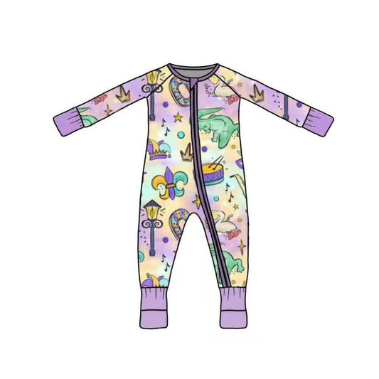 MOQ 5 PCS preorder LR2950 Mardi Gras Purple Zip Long-Sleeved Girls Romper 202511