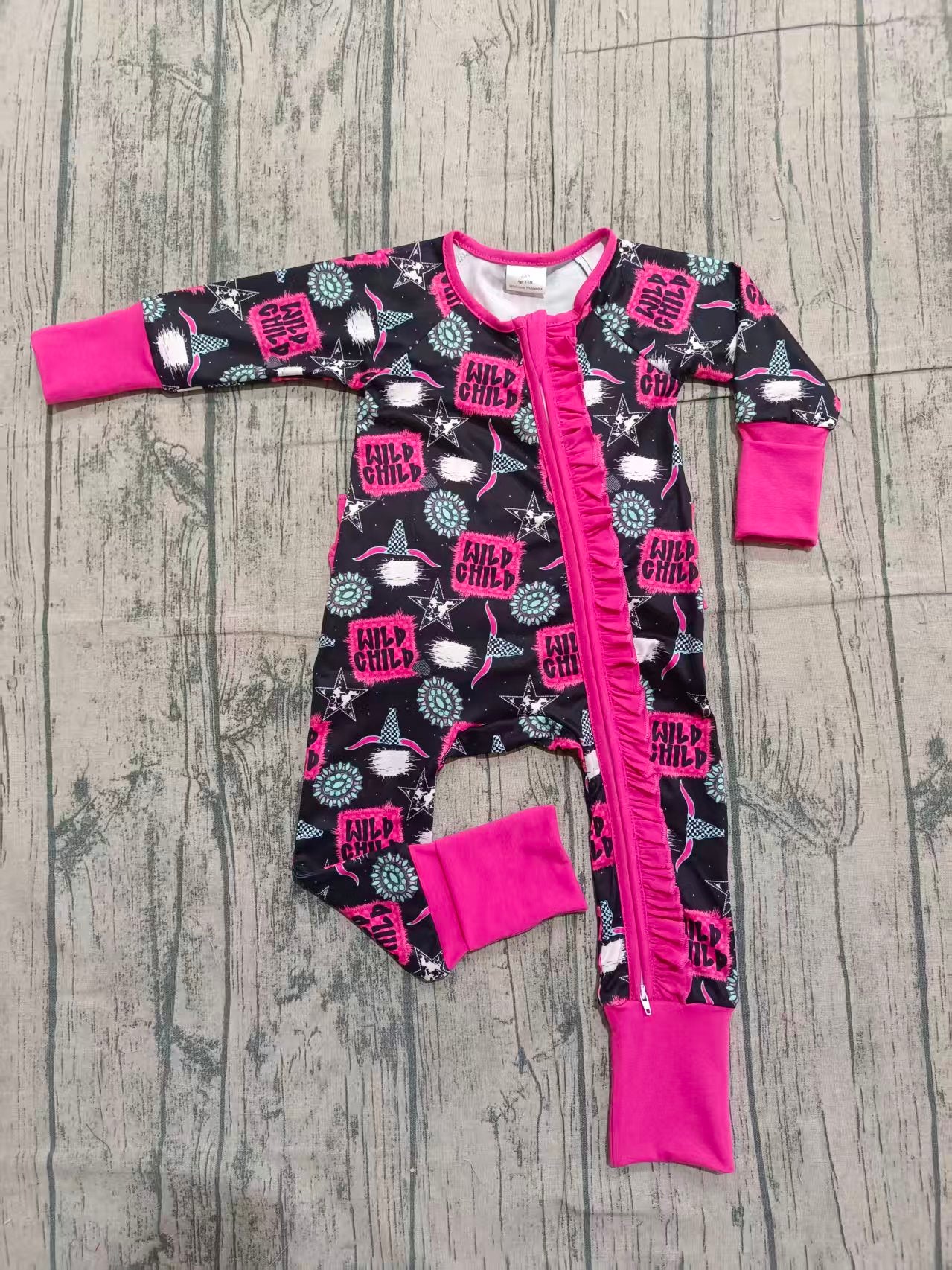 NO MOQ preorder LR2962 Wild Child Gemstone Star Alpine Bull Head Rose Red  Ruffle Black Zip Long-Sleeved Girls Romper 202512